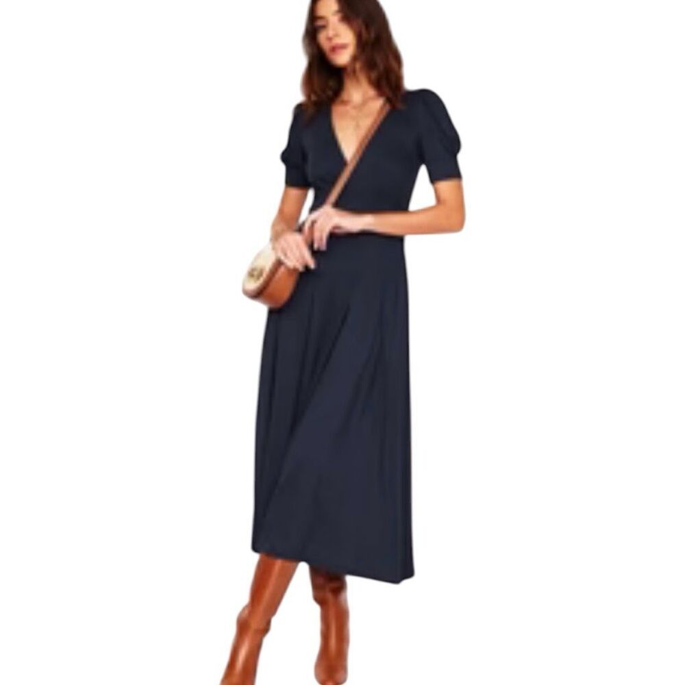 Boden Kristen Pleated Jersey Dress size 10 Navy Blue Maxi Short Sleeves V-Neck